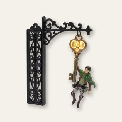 ShelfTitan light-up bookend with glowing key and hanging scout figure
