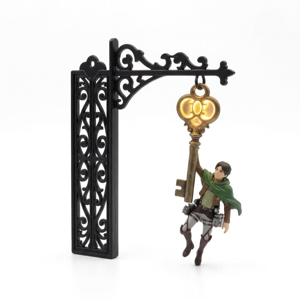 ShelfTitan light-up bookend with glowing key and hanging scout figure