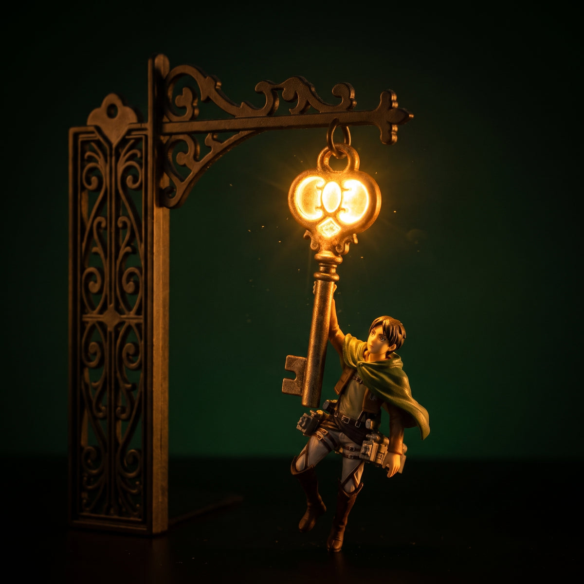 ShelfTitan bookend with the brass key glowing in the dark