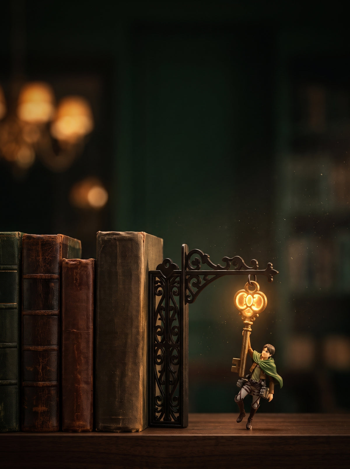 ShelfTitan light-up bookend on a walnut shelf (mobile banner)