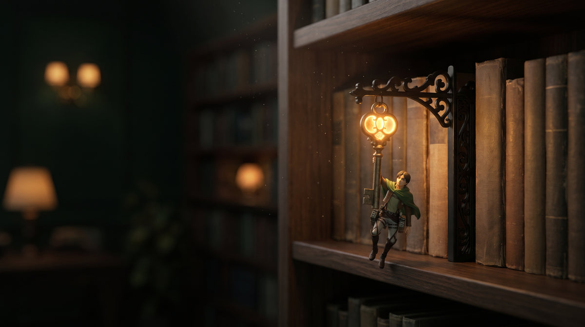 ShelfTitan light-up bookend on a walnut library shelf