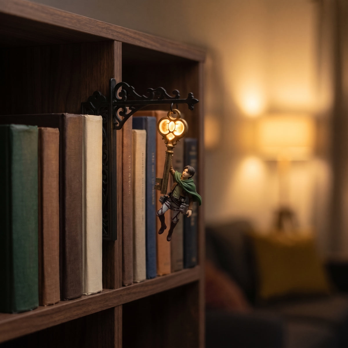 ShelfTitan light-up bookend holding a row of books on a walnut shelf