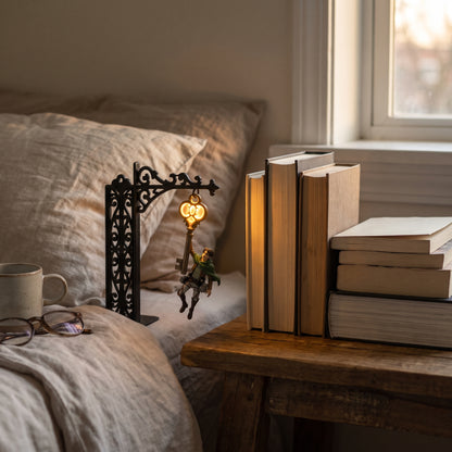 ShelfTitan bookend as a night light on a bedroom nightstand